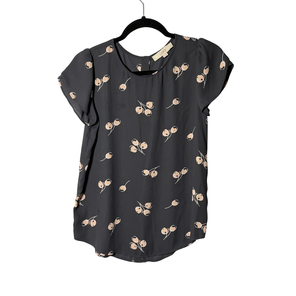 LOFT Womens XS Black Berry Print Flutter Sleeve Button Back Blouse Top